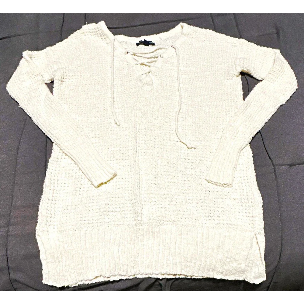 American Eagle Outfitters Women's Ivory V-Neck Lace-Up Knit Pullover Sweater XS